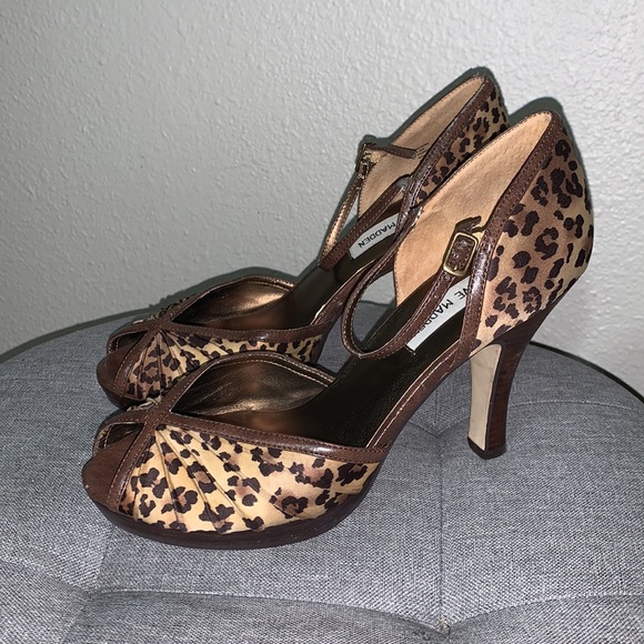 Steve Madden Maggie leopard print peep toe platform heels Sz 7.5 ankle tie - Picture 8 of 17